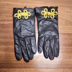 mercer & madison Black Leather Gloves with Yellow Knot Detail